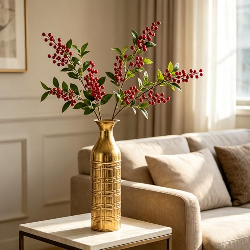 Hosley 16" Distressed Gold Etched Metal Flower Vase Metallic Cylinder Centerpiece with Geometric Grid Pattern for Home Decoration Floral Arrangements - color: Antique Gold, size: 16" High