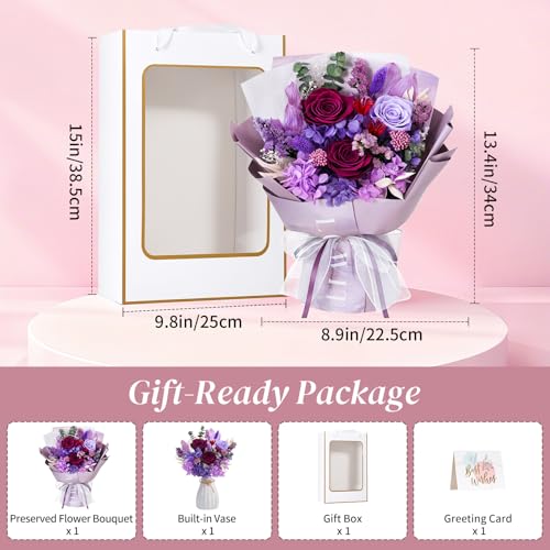 Lewondr Flower for Delivery, Preserved Flowers Bouquet, Purple Roses Bouquet, Real Long-Lasting Forever Birthday Flowers Gifts for Mom Grandma Women Mothers Day Anniversary Christmas, Purple - color: Dark Purple
