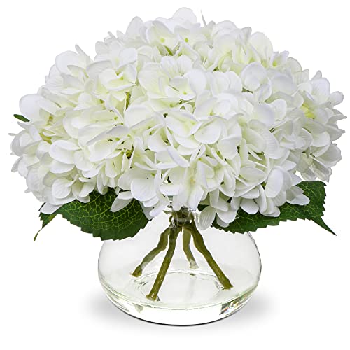 Hollyone Hydrangea Artificial Flowers with Vase White Silk Fake Flowers Arrangements in Glass Vase with Faux Water for Home Bathroom Office Table Centerpiece Shelf Decorations - color: Hydrangea, White
