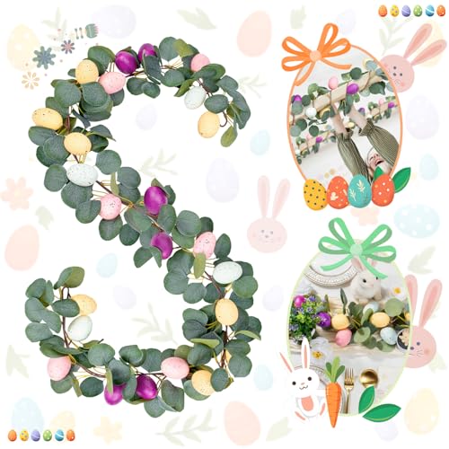 MAKHOT 2PCS 6.6Ft Easter Garland for Mantle Fireplace, Green Vines and Artificial Colored Eggs Garland Easter Decor for Home Indoor - color: Champagne-a