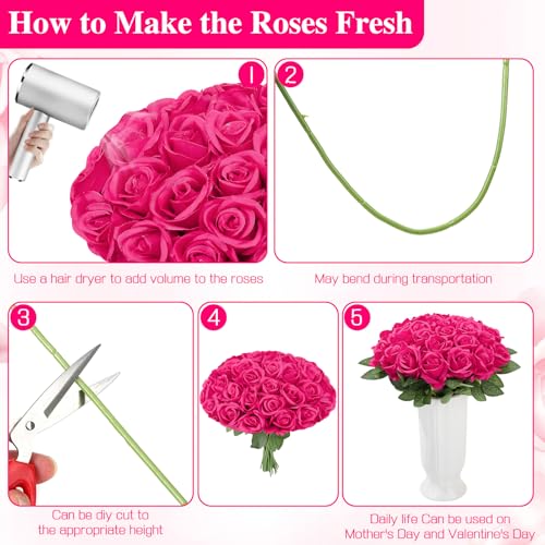 150 Pcs Roses Artificial Flowers,Silk Light Hot Pink Artificial Flowers Fuchsia Petals Long Stem Roses for Wedding Bouquet Home Party Decor - color: Light Hot Pink