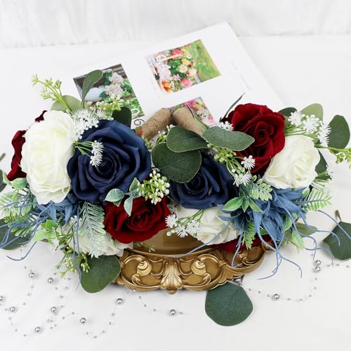 Set of 2 Bridesmaid Bouquets for Wedding - 7 Inch Artificial Flowers Bouquets for Ceremony Anniversary Centerpieces Decorations - Burgundy & Navy Blue & White - color: Burgundy & Navy Blue, size: Set of 2 Bridesmaid Bouquets
