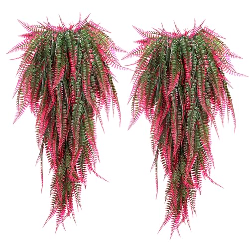 RECUTMS 4 Pcs Artificial Hanging Boston Ferns Plants Faux Fern Leaves Greenery Wall Decor for Outdoors Indoor Garden Weddin (Pink) - color: Pink