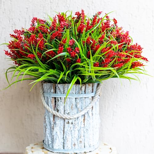 AXYLEX Artificial Flowers for Outdoors Plants - 20 Bundles Fake Lavender Plastic Faux Monkey Grass UV Resistant for Home Decorations (20, Red) - color: Red