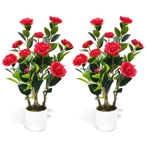 2Pack Artificial Camellia Tree, 2FT Faux Camellia Plant in Pot with Red Flowers for Spring Home Front Door Outdoor Indoor Decoration,Red - color: Red, size: 1ft 11in