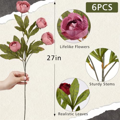 Waipfaru 6 Pcs Faux Peonies Artificial Flowers for Vase, 27" Fake Silk Peonies Flowers for Wedding, Vase Filler Flowers for DIY Bouquets Centerpieces Bridal Shower Office Decor- Red Mix - color: Warm&dusty Pink and Burgundy, size: 6Pcs