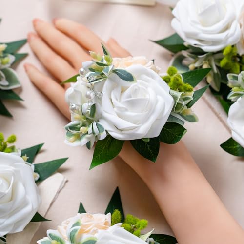 White Wrist Corsage, Set of 6, Homecoming Wrist Flower Girl/Mother Corsages Wristlet Décor Perfect for Bride Bridesmaids Wedding Guests Hand Flower, Proms, Party, Ceremony Anniversary - color: White & Champagne Wrist Corsage