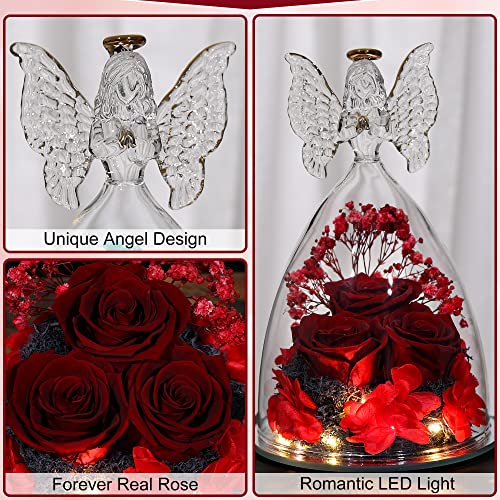 Mothers Day Rose Gifts Glass Angel Figurine with Three Roses Gifts, Preserved Forever Real Rose Gifts for Women, Angel Guardian with Rose for Mothers Day - Wine Red - color: Wine Red