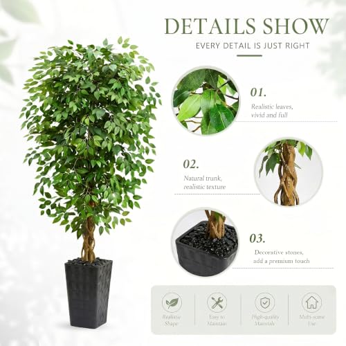 Artificial Ficus Tree 5FT Faux Floor Tree with Planter UV Resistant Potted Fake Silk Plant - Faux Trees Indoor Outdoor Lifelike Fake Ficus Tree for Home, Living Room Bedroom Topiary Tree - color: Black, size: 5ft