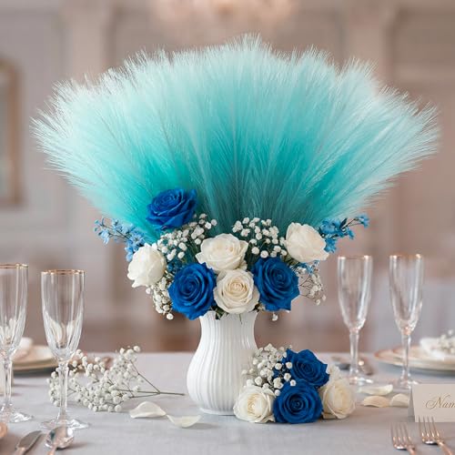 TORONTOKYO Light Blue Pampas Grass Decor, 50Pcs 21.6 inch Artificial Short Faux Pompas Grass, Boho Neutral Home Decor Bouquet for Floor Vase, Wedding, Party, Farmhouse, Bedroom Decor (Turquoise) - color: Turquoise, size: 21.6inch-50Pcs