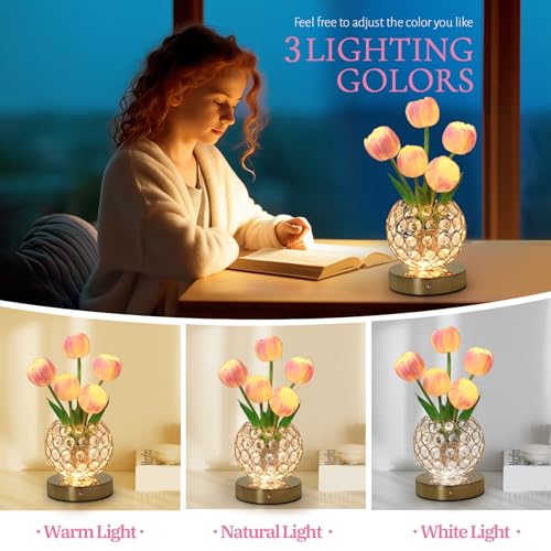Tulip Flower Lamps, 3 Colors Touch Stepless Dimming Crystal Night Light, Rechargeable Artificial Flower Light, LED Flower with Vase Lamp Romantic Decor for Date Party Home (Tulip1 - Pink) - color: Tulip1 - Pink
