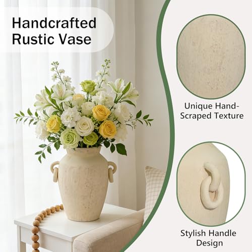 Ceramic Flower Vase with Handles, 9.3 Inch Tall Rustic Pottery Vase, Decorative Terracotta Vase for Home Decor, Living Room, Entryway, Table, Mantel, Shelf - color: 9.3"h-off White