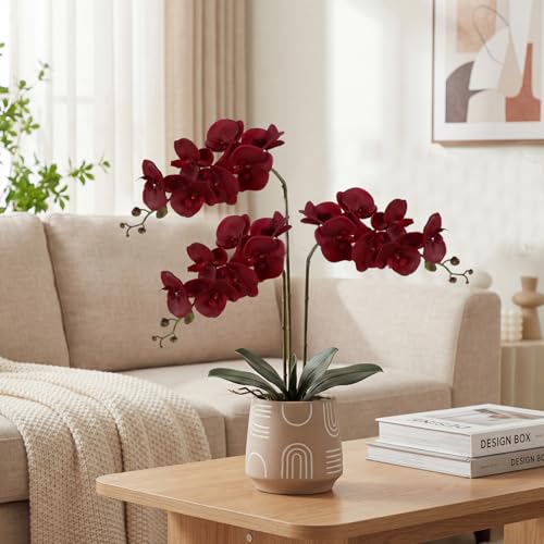IPOPU Red Orchid Artificial Flowers 35.4" Real Touch Fake Orchid Latex Dark Red Flowers Phalaenopsis Branches for Home Party Wedding Bridal Shower Decoration, 2pcs Red - color: Red