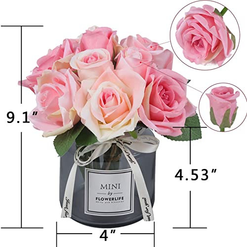 XIAYAN Artificial Flower and Glass vase, Silk Rose Flower Glass Bottle Set, Suitable for Living Room, Dining Table, Office, Wedding, Hotel Banquet and Other Home Decoration. (Pink)……… - color: Pink