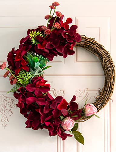 DuHouse 8.7" Silk Hydrangea Artificial Flower Heads with Stems Fake Hydrangeas Flowers for DIY Wedding Centerpiece Home Decor,Pack of 6 (Burgundy) - color: Burgundy