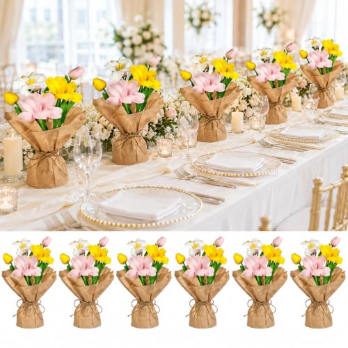 Cinrobiye 6 Set DIY Tulip Bouquet Kit, Artificial Flower Arrangement Craft Set, Wedding Centerpieces, Bridal Shower Table Decor, Party Decorations and Spring Event Floral Display - color: green