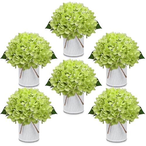 Flower Table Centerpieces - Set of 6 Floral Arrangement Artificial Wedding Hydrangeas Floral Arrangement with Rustic Metal Vase for Bridal Tea Party Event Decorations - Light Green - color: Light Green