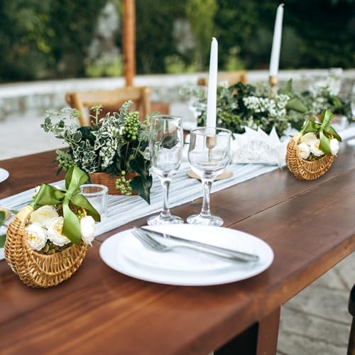 Taiyin Rattan Flower Girl Basket Small Half Moon Straw Wicker Basket with Handle Ideal for Wedding Flower Girl,Picnic,Garden Storage and Home Decor (Green Ribbon) - style: Green Ribbon
