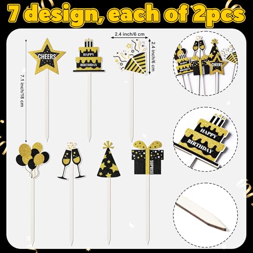 TICIAGA 14PCS Black Gold Birthday Wooden Decorative Picks, Vintage Gold Black and Silver Double-Sided Wooden Picks Cheers to Birthday Table Decorations, Black Gold Wood Decor for Home Vase Filler - color: Birthday Black Glod
