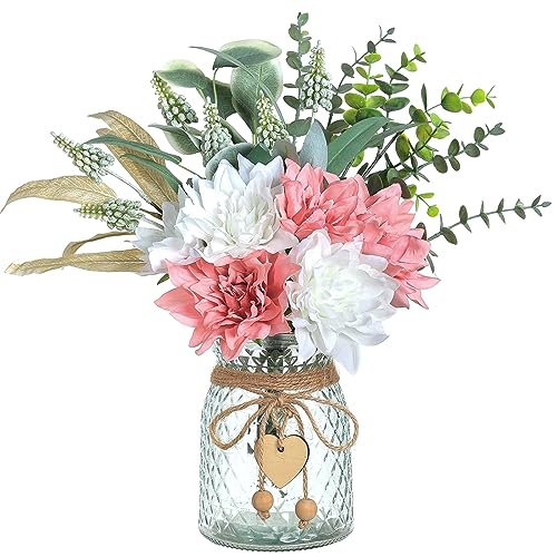 Faux Flowers with Vase,Artificial Silk Flowers in Vase, Fake Plant Eucalyptus and Willow,Flower Arrangement for Home Farmhouse Dining Table Centerpiece Decorations Coffee Table Decor (Dusty Pink) - color: Dusty Pink