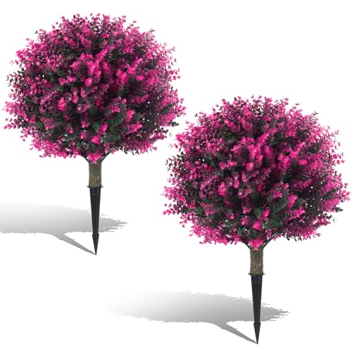 Set of 2 Artificial Red Boxwood Topiary Ball Shrubs, 21.6" UV-Resistant Faux Outdoor Plants with Ground Spikes — Realistic Decorative Bushes for Porch, Patio, Garden, and Yard Décor - color: 2pcs 21.6in Red Boxwood
