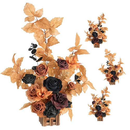 Ling's moment 17.5" Tall Standing Artificial Flowers Arrangements 4pcs Fall Wedding Aisle Runner Chair Decorations Orange Black Centerpieces for Ceremony Reception Rose Floral Party Outdoor - color: Black & Pumpkin Orange