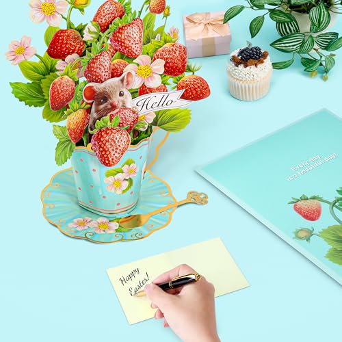 Airpark Pop Up Flower Bouquet Card for Women, 3D Floral Greeting Card with Envelope and Note, Birthday Thank You Thinking of You Get Well Gift for Mom Friend Wife Teacher, Strawberry - style: Strawberries