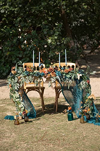 Ling's moment 9FT Flower Garland for Backdrop Decoration - Fall Wedding Arch Flowers, Eucalyptus & Rose, Artificial Floral Garland for Mantle - Sweetheart Table Decor for Ceremony, Teal & Orange - color: Or-dark Teal & Burnt Orange