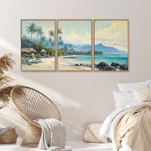 Rantodecor Tropical Coastal Framed Canvas Wall Art, Beach Landscape Posters Wall Decor, Island Palm Trees Beach House Art Paintings, Seascape Mountains Artwork for Bedroom Living Room Office 24"x36"x3 - color: Tropical Coastal, size: 36"x24"