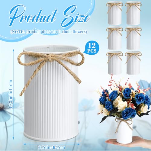 Rustic Vase for Table Centerpieces 4.33 Inch Small Petite Flower Vase with Twine Bow Vintage Farmhouse Decor for Wedding Reception Dining, Home Galvanized Metal Buckets(White,12 Pcs) - color: White