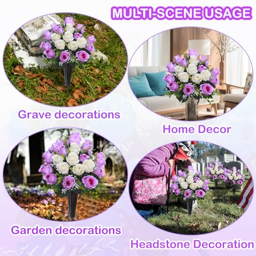 Lodou Set of 2 Artificial Cemetery Flowers, Memorial Flowers Bouquet,Grave Memorial Flowers with Vase for Cemetery Headstones Decoration (Purple White) - color: Purple White