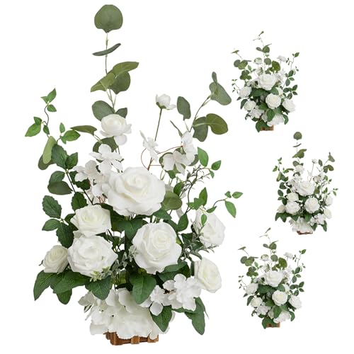 Ling's moment Freestanding Artificial Flowers Arrangements 4 pcs Wedding Aisle Runner Chair Decorations White Sage Centerpieces for Ceremony Reception Rose Floral Party Outdoor Decor - color: Wht-white & Sage