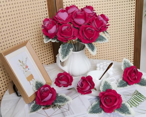 IPOPU Rose Artificial Flowers 20pcs Realistic Velvet Faux Rose with Stems Deep Pink Fake Rose Flowers in Vase for DIY Wedding Bouquets Bridal Shower Party Centerpieces Table Home Decor (Deep Pink) - color: Deep Pink
