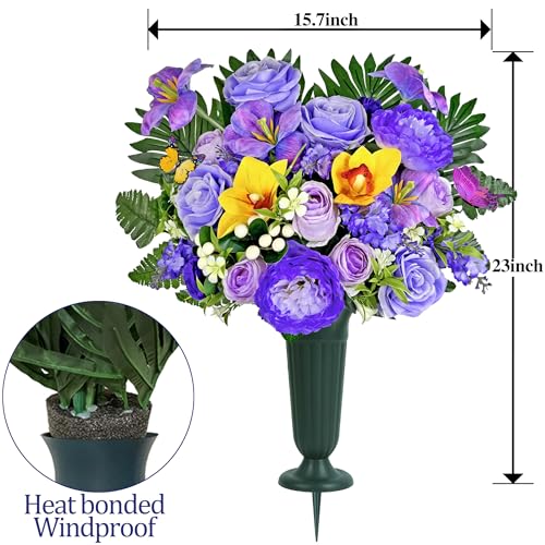 Artificial Cemetery Flowers for Grave,Memorial Flowers Bouquet with Vase for Headstones Decoration,Purple Rose Hibiscus Cymbidium Berry - color: Purple