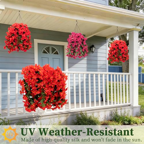 Artificial Bougainvillea Hanging Flowers Plants - 2 PCS faux Bougainvillea artificial flowers with Long Trailing Vines for Outdoor Decoration, Perfect for Porch, Garden, Urn Patio Balcony (Red) - color: Red