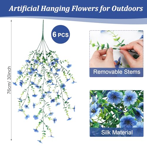 6 Pcs Spring Artificial Hanging Flowers Outdoor Faux Silk Mum Plant Decor Violet with Eucalyptus Realistic UV Resistant Trailing Vine Spring Porch Yard(Light Blue,Violet) - color: Light Blue, style: Violet
