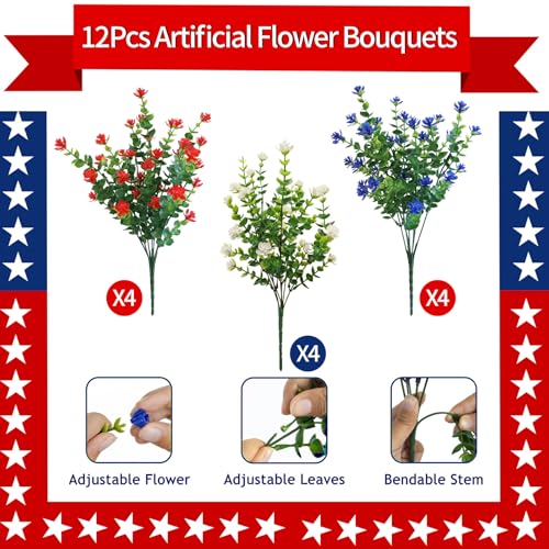 Artificial Flowers for Outdoors,12 Bundles UV Resistant Artificial Outdoor Flowers for 4th of July, Not-Fading Plastic Faux Flowers for Outdoor Planters for Home Garden Decor, Blue, Red, White - color: Blue+red+white
