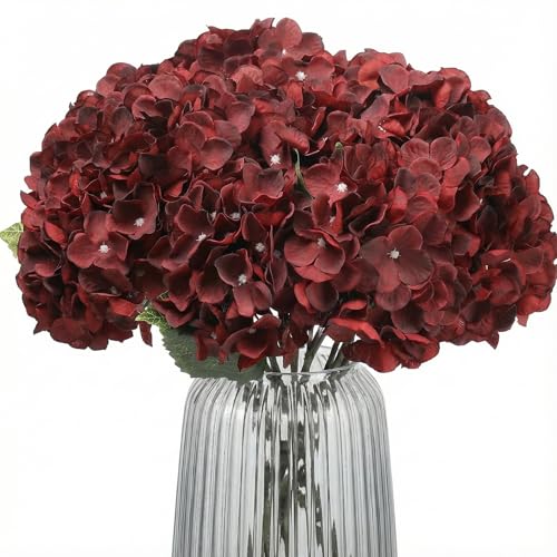 2Bouquets Artificial Fake Flowers Plants Silk Hydrangea Arrangements Wedding Bouquets Decorations Plastic Floral Home Kitchen Garden Party Festival Bar DIY (Dark Red,5 Flower Heads) - color: Dark Red，5 Flower Heads