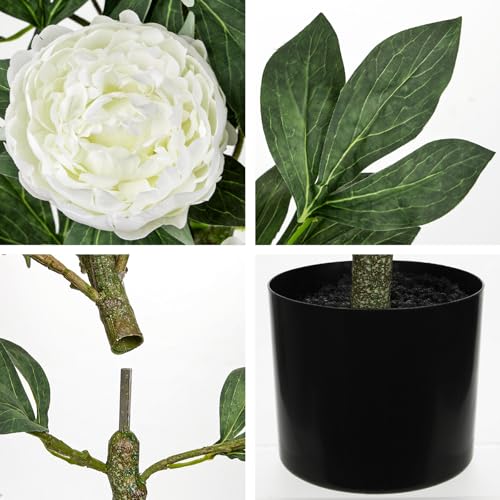 Hollyone White Fake Peonies Tree 3FT Peonies Artificial Flowers Tree in Pot Faux Peony Plants & Flowers in Planter Greenery Potted Plant Indoor Outdoor Front Door Porch Home Decor - color: 3ft - White
