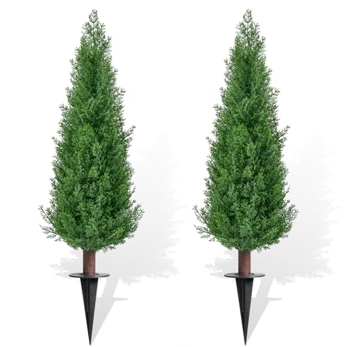 2 Pack 3ft Artificial Cedar Topiary Trees with Ground Spike, UV Resistant Fake Plants Front Porch Décor, Lifelike Artificial Plants Indoor Fake Tree Faux Plants for Home Living Room Offices - color: Cedar-1