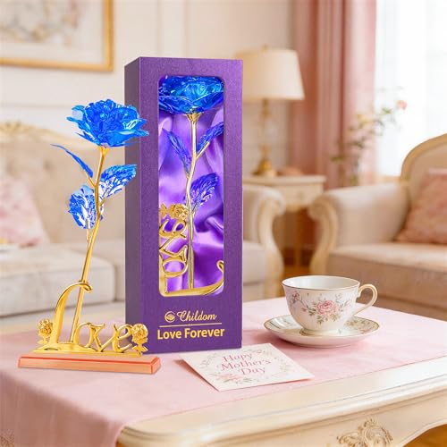 Childom Mothers Day Rose Gifts for Mom,Birthday Gifts for Women,Mothers Day Flowers Gifts for Mom from Daughter Son,Blue Artificial Flower Gift with Love Stand for Wife,Grandma,Daughter,Anniversary - color: Colorful Blue With Love Stand