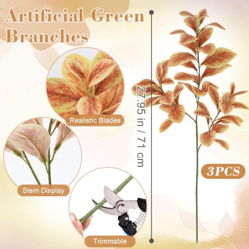 Gresorth 3 Pcs Artificial Yellow Leaves Branches 27.5" Faux Fall Leaf Long Stems Fake Autumn Plant Decoration for DIY Bouquet Filler Bedroom Indoor Kitchen Thanksgiving Table Party - color: Yellow Branches