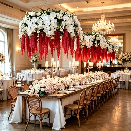 5Pcs Dried Amaranthus Hanging Flowers, 53" Neon Green Preserved Natural Wisteria for Wedding Arch, Table Centerpiece, Wall Hanging Lover Tears, Floral Arrangement (Deep Red) - color: Deep Red