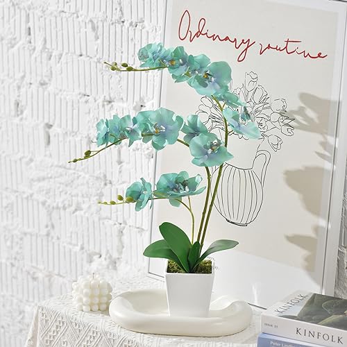 Faux Orchid in Vase Large Artificial Orchid in Ceramic Vase Teal Silk Orchids with Stems Real Look Potted Fake Flowers Arrangement Centerpiece Table Decorations for Home Decor Indoor, Golden Blue - color: Y-golden Blue