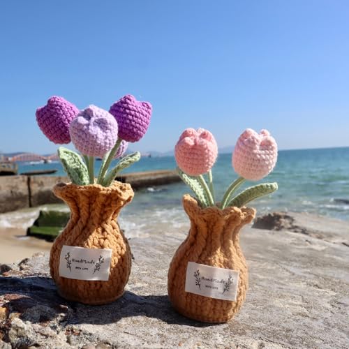 Tulip Crochet Flower Potted Plant Handmade Desk Decor Gift - color: D-tulip-pink