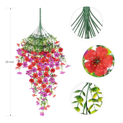 Ammyoo Artificial Hanging Flowers for Outdoors Fake Plants Decoration, 2 Packs Faux Silk Daisy Flower Realistic Outdoor Flowers UV Resistant Porch Patio Window Yard Indoor Spring Decor(Red Purple) - color: Dred Purple