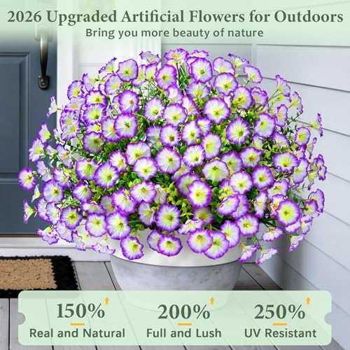 Yastouay Artificial Flowers for Outdoors, 26 Bundles Fake Outdoor Flowers, UV Resistant Artificial Plants & Flowers for Decoration, Purple/White Realistic Morning Glory for Outdoor Porch Garden - color: Purple/White, size: 26 Bundles