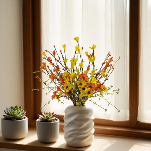 RHN Fall Decorations for Home,6 Pcs Fall Flowers Artificial with Daisies Forsythia Flowers Berry Leaf Stem for Autumn Harvest Thankgiving Home Table Vase Centerpiece Decor（Yellow Orange） - color: Yellow Orange
