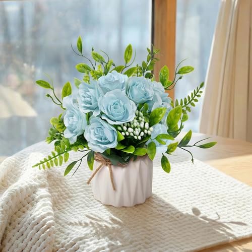 Blue Artificial Silk Roses with Ceramic Vase, No Maintenance Faux Flower Arrangement, 6.3 Inch Realistic Table Decor for Home Office Wedding - color: Blue