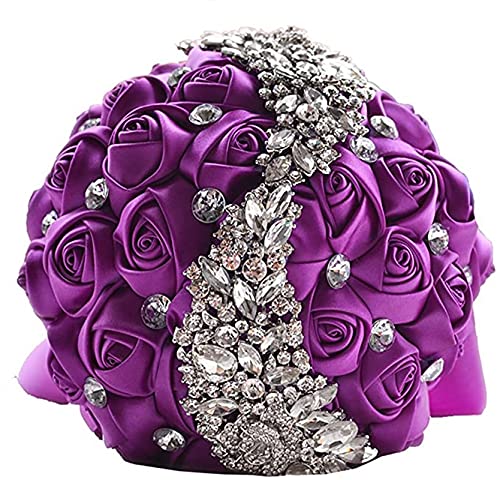 XINNI Handmade Bridal Wedding Bouquet Bride Bridesmaid Satin Rose Flower Bouquet with Meteor Shower Shape Rhinestone Wedding Decoration Purple - color: Purple